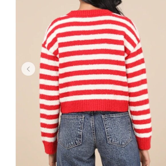 Cutest and Coziest Red and White Striped Crew Neck Cardigan Lulus - Picture 4 of 4